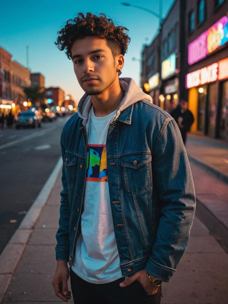 Cool Man in Denim Jacket with Urban Twilight Backdrop