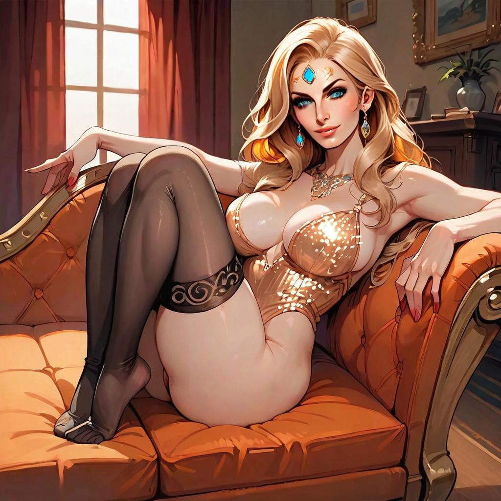 Confident Woman in Gold Corset on Elegant Orange Sofa Digital Art