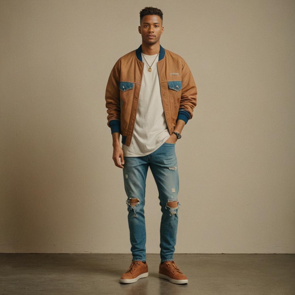 Stylish Man in Brown Bomber Jacket and Distressed Jeans