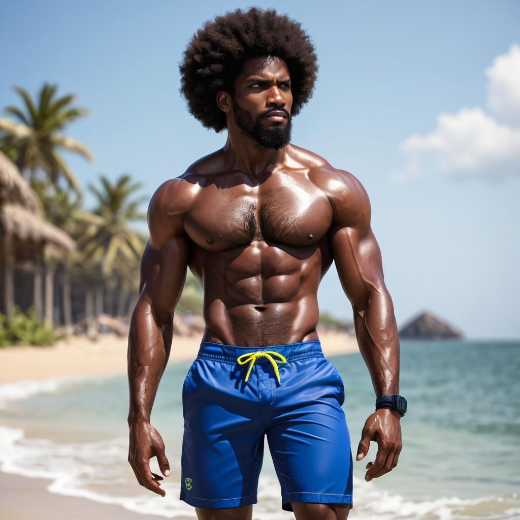 Muscular Man with Afro on Tropical Beach in Blue Swim Shorts