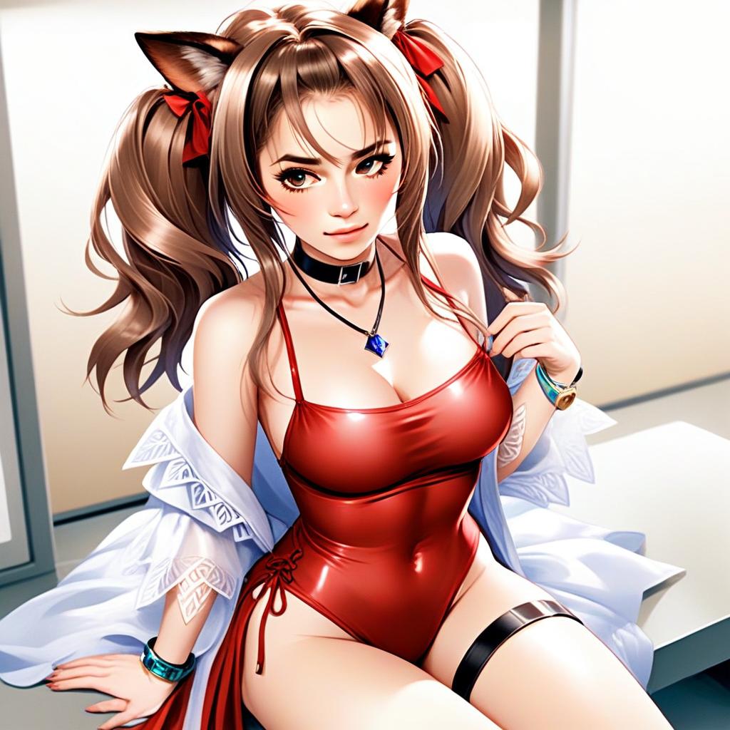 Anime Woman with Fox Ears in Red Dress Inspired by Arknights