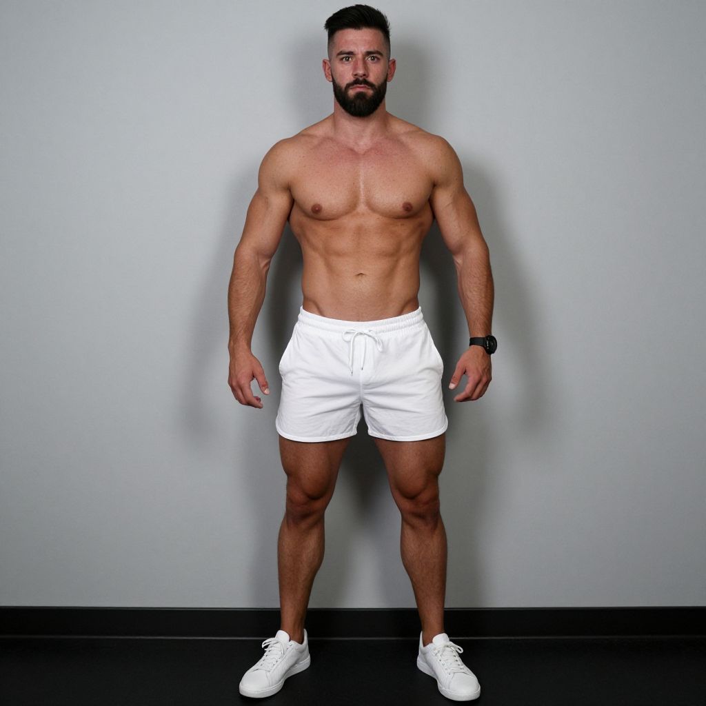 Muscular Man in White Shorts and Sneakers Standing Against Gray Background