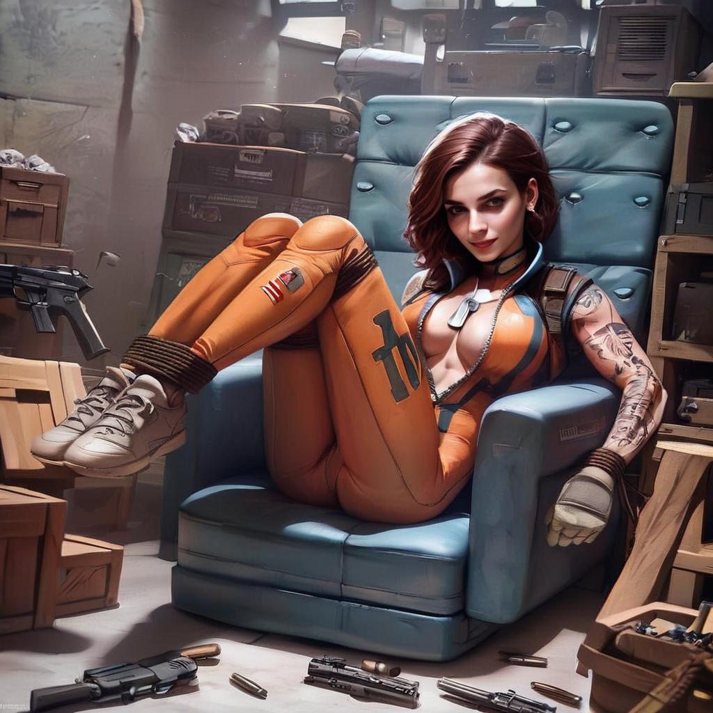 Futuristic Woman in Orange Jumpsuit Relaxing in Military Gear Room