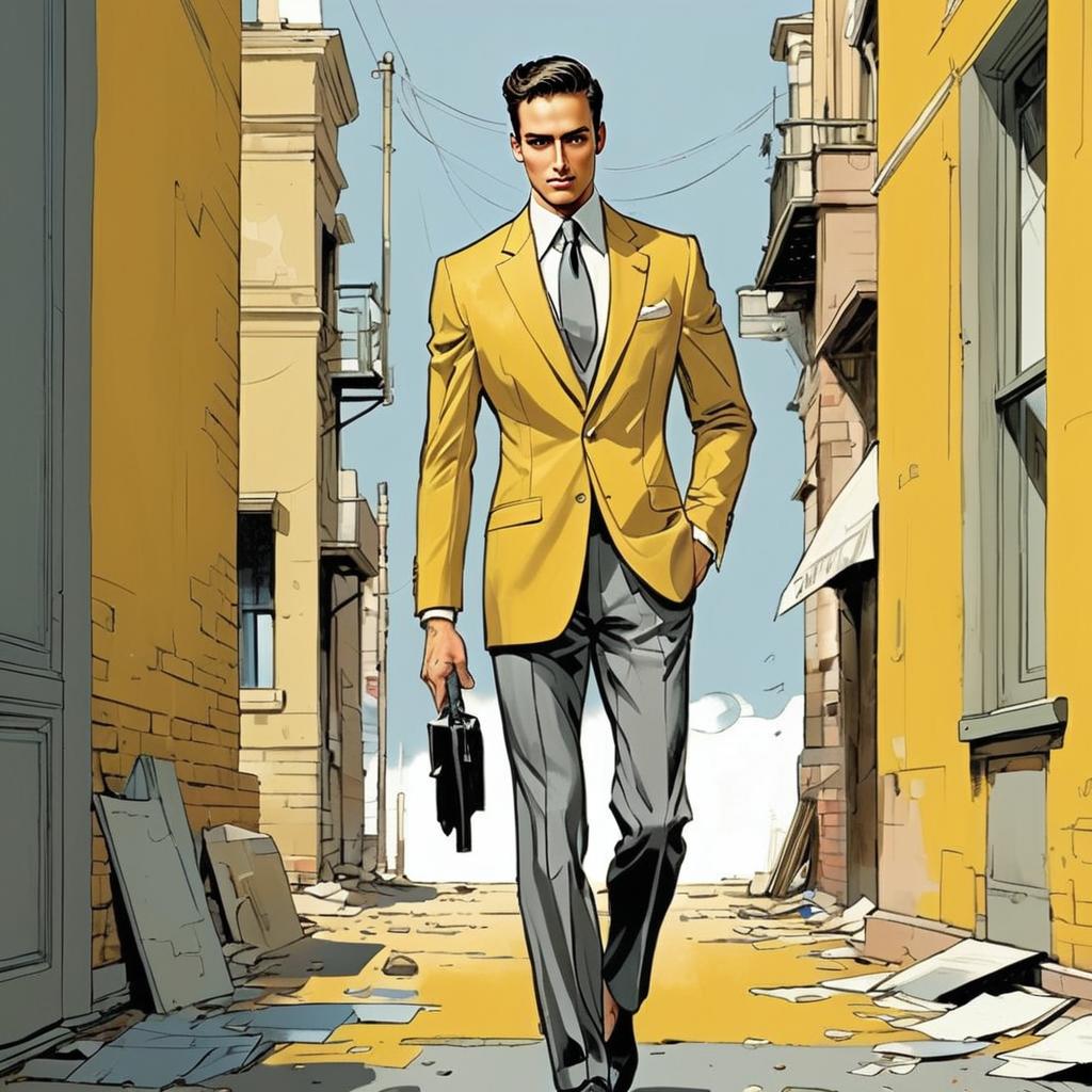 Confident Man in Yellow Blazer Walking in Urban Alley