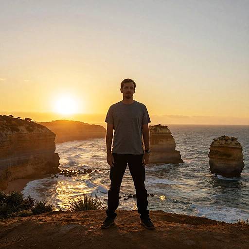Man Standing on Cliff at Golden Sunset with Coastal Rock Formations