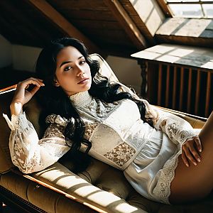 Elegant Woman in Lace Attire Relaxing on Vintage Sofa in Natural Light