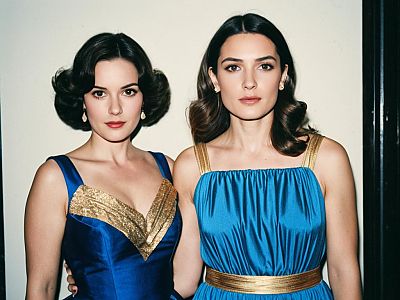 Elegant Women in Blue and Gold Vintage Style Gowns