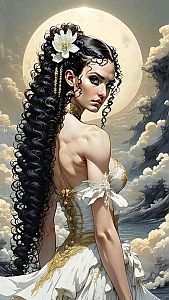 Portrait of a Woman with Black Hair and Moonlit Sky