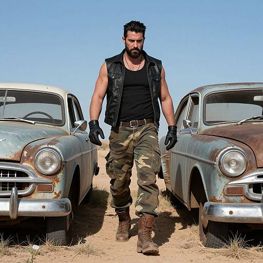 Rugged Man Walking Between Rusted Vintage Cars in Desert