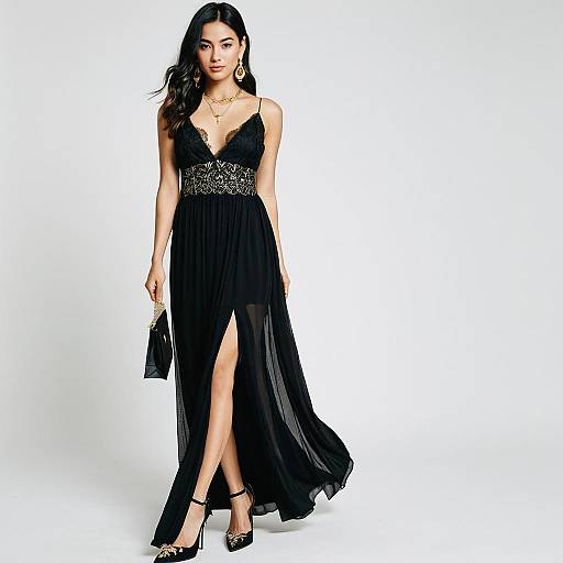 Boudoir-Inspired Sheer Black Maxi Dress with Lace and High Slit Evening Wear
