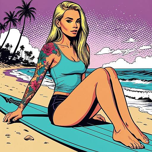 Pop Art Blonde Woman with Floral Tattoos Sitting on Surfboard at Beach