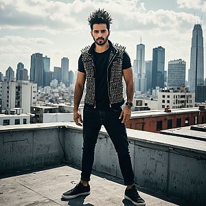 Confident Man in Punk Style on Rooftop with Urban Skyline