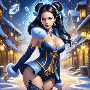Fantasy Winter Woman in Elegant Blue Outfit in Snowy Village