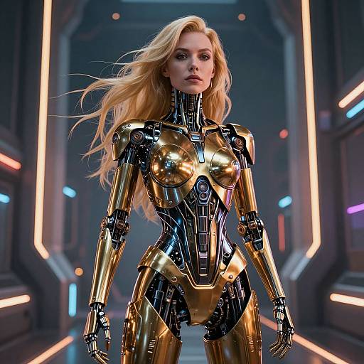 Futuristic Woman-Robot Hybrid in High-Tech Corridor