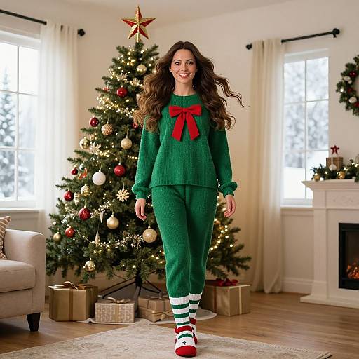 Woman in Green Christmas Sweater with Red Bow Walking by Festive Tree