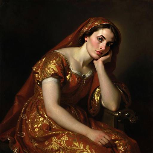 Portrait of Woman in Ornate Renaissance Style Red and Gold Dress