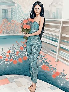 Woman in Blue Outfit Holding Orange Roses in Serene Garden