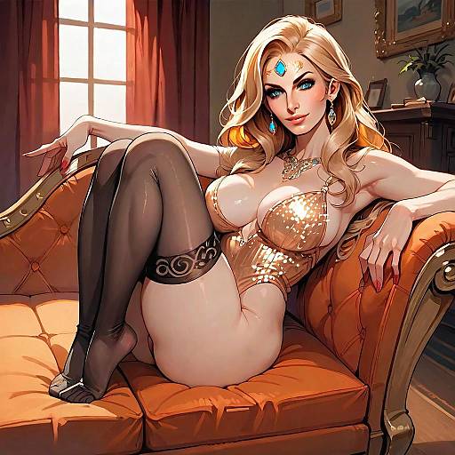 Confident Woman in Gold Corset on Elegant Orange Sofa Digital Art