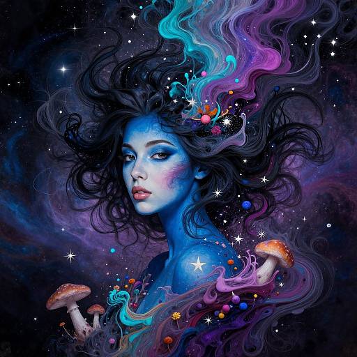 Mystical Blue Woman with Cosmic Hair and Mushrooms Digital Artwork