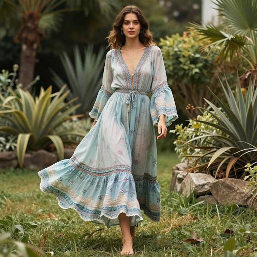 Bohemian Woman in Flowing Pastel Blue Dress Walking in Garden