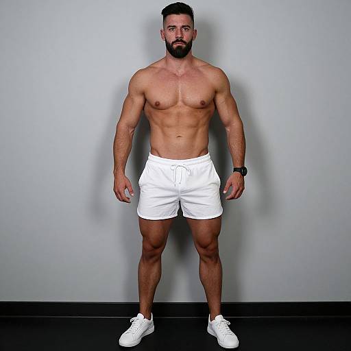 Muscular Man in White Shorts and Sneakers Standing Against Gray Background
