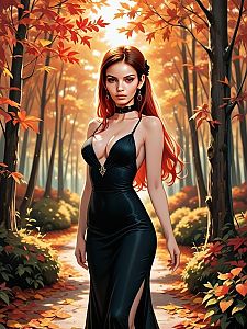 Confident Woman in Black Dress Amid Autumn Foliage