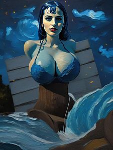 Stylized Woman in Blue Top Amid Ocean Waves