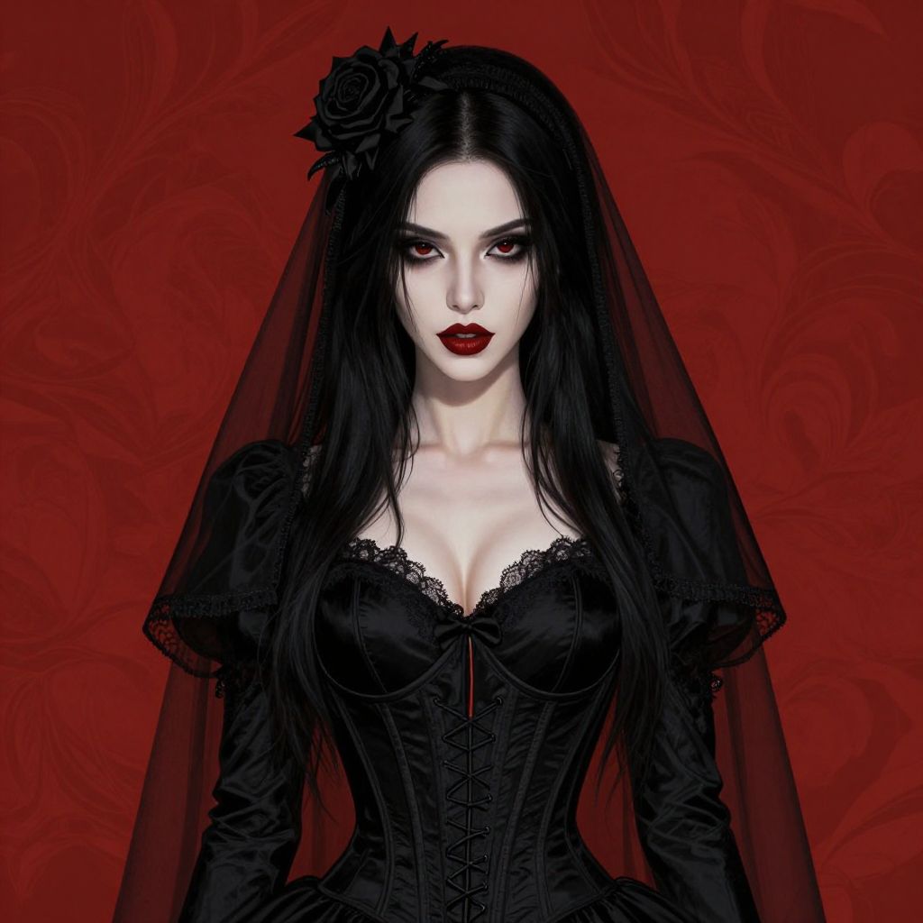 Gothic Woman in Black Corset Dress with Red Background