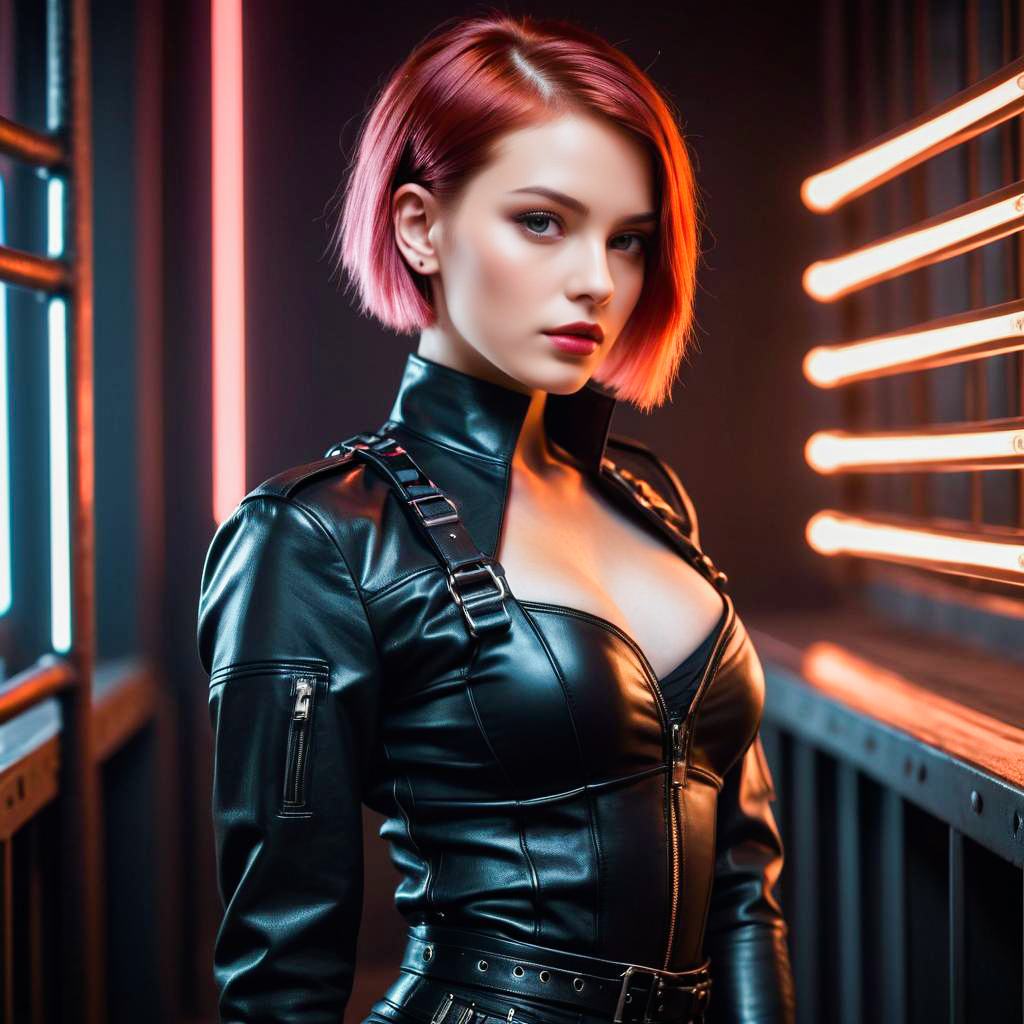 Confident Woman in Black Leather Outfit