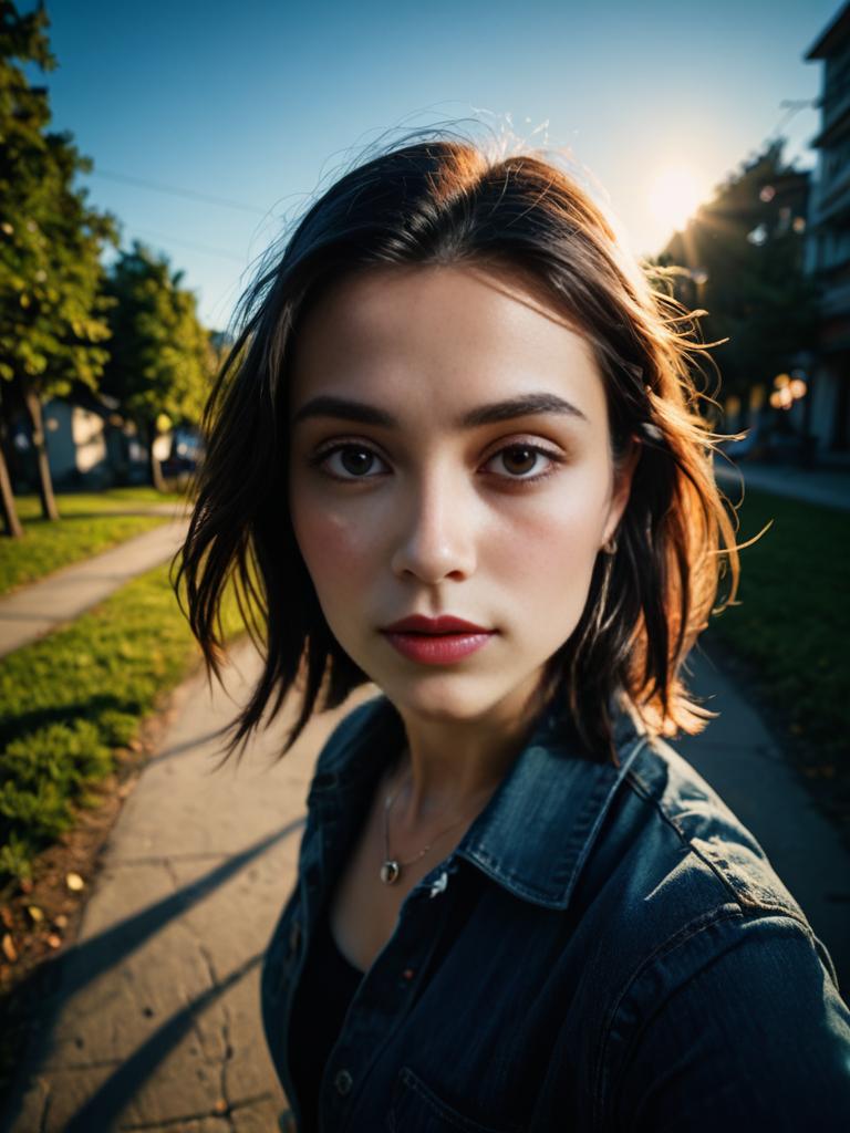 Young Woman in Denim Jacket on Sunny Street