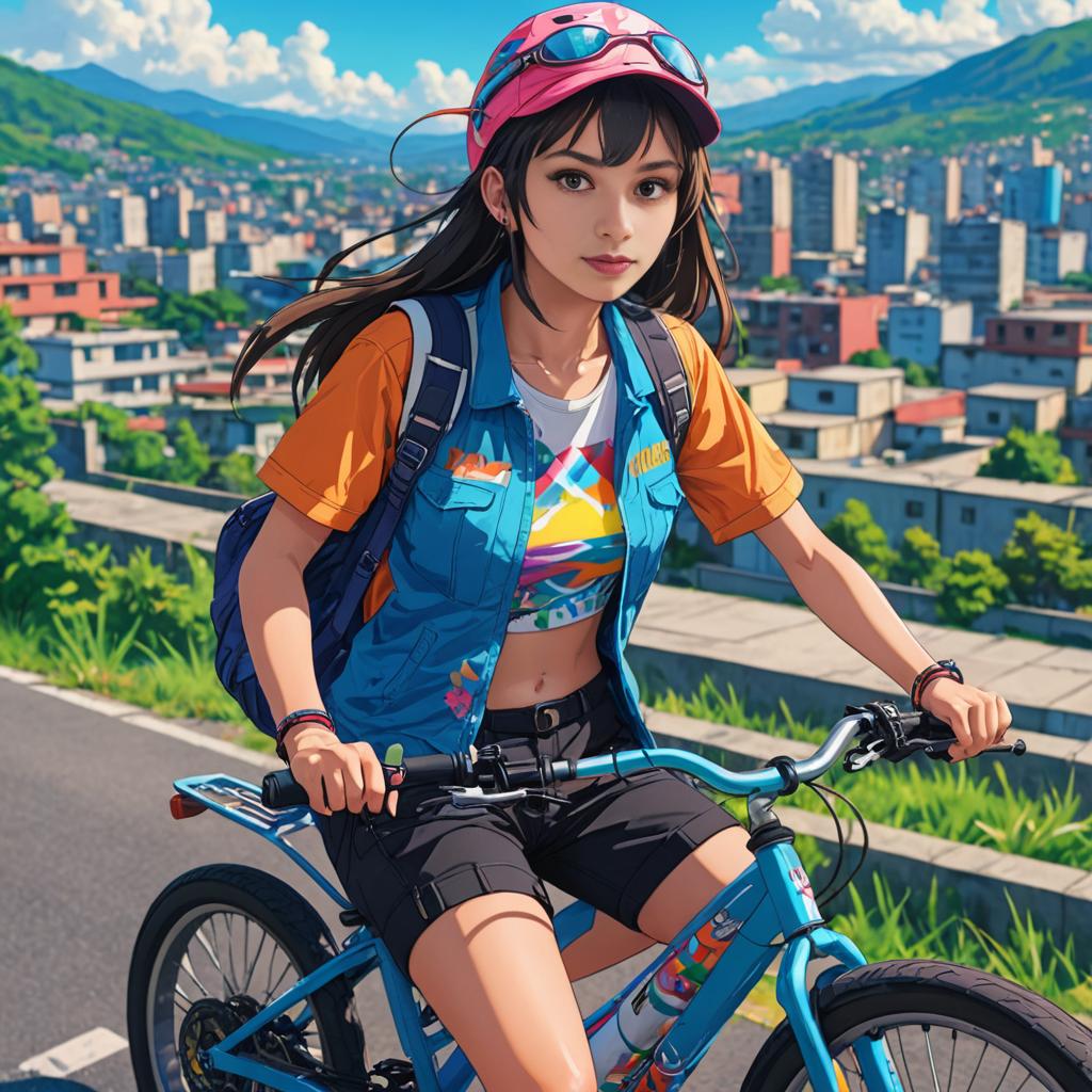 Anime Girl in Trendy Streetwear on Bicycle