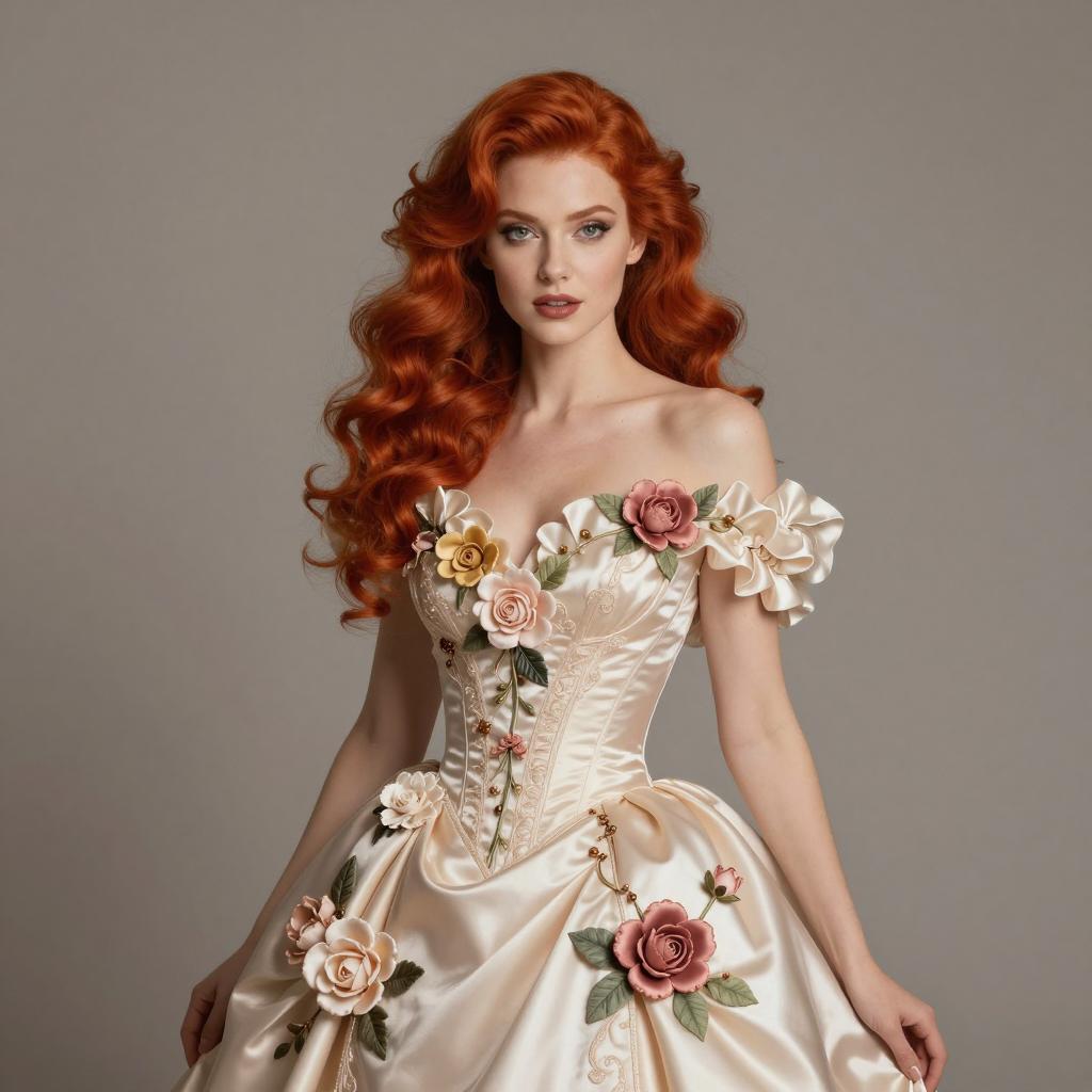 Elegant Vintage Style Woman in Ivory Satin Floral Dress with Red Hair