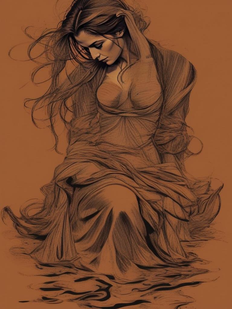 Sketch-style portrait of a woman with flowing hair