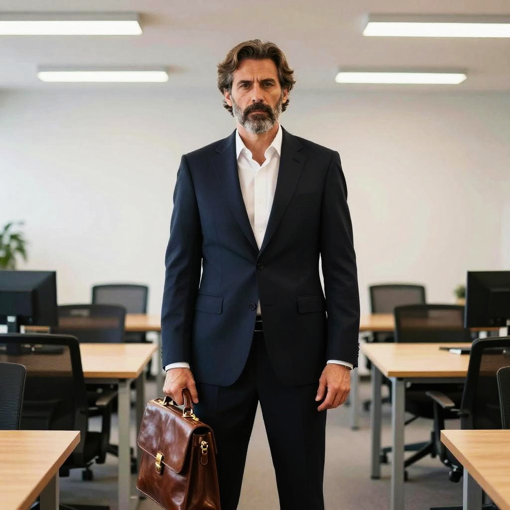 Confident Businessman in Suit Holding Briefcase in Modern Office
