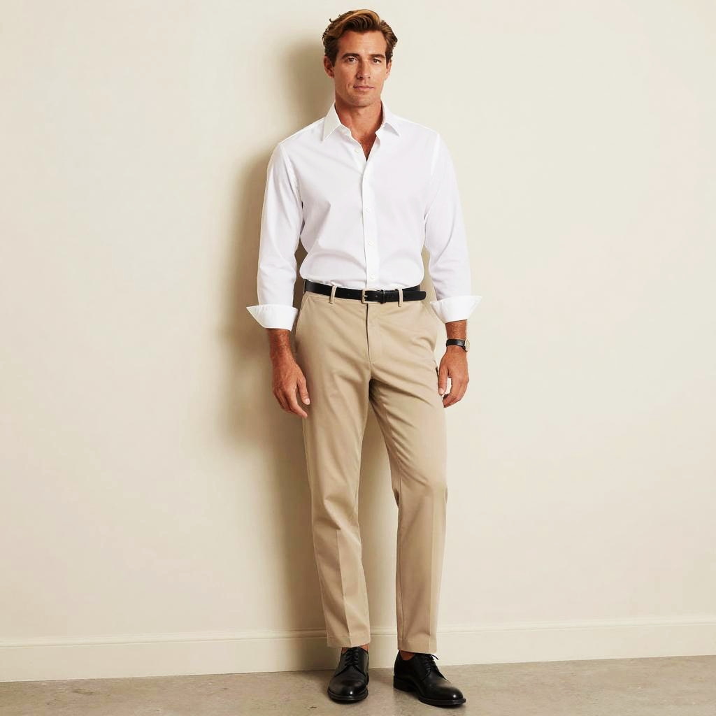 Man Wearing White Shirt and Beige Chinos in Minimalist Style