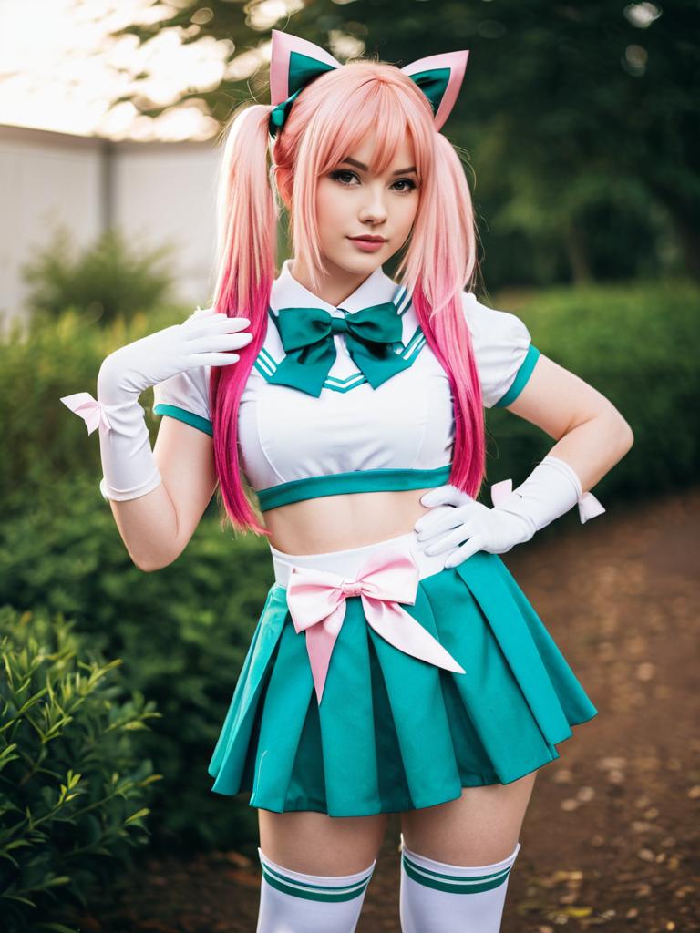 Haruka Haruno Anime Cosplay with Pink Twin Tails and Teal School Uniform
