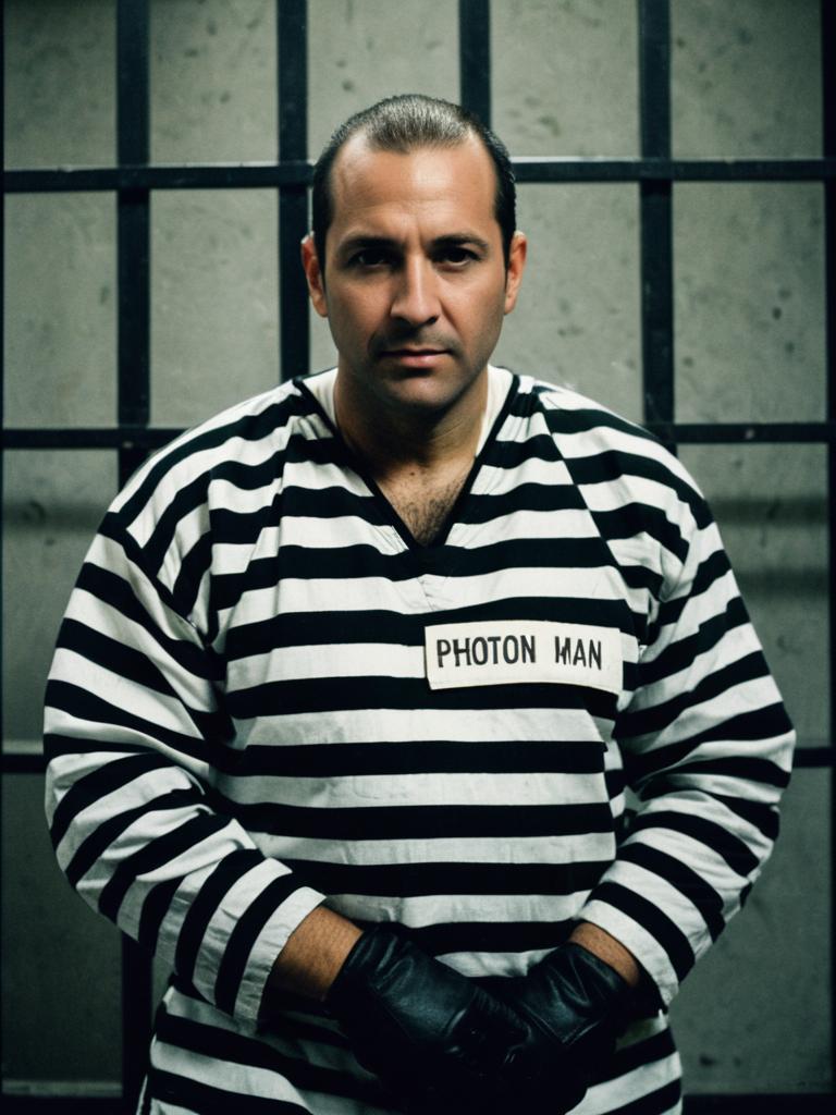 Man in Prison Costume with 'Photon Man' Label in Photorealistic Studio Portrait