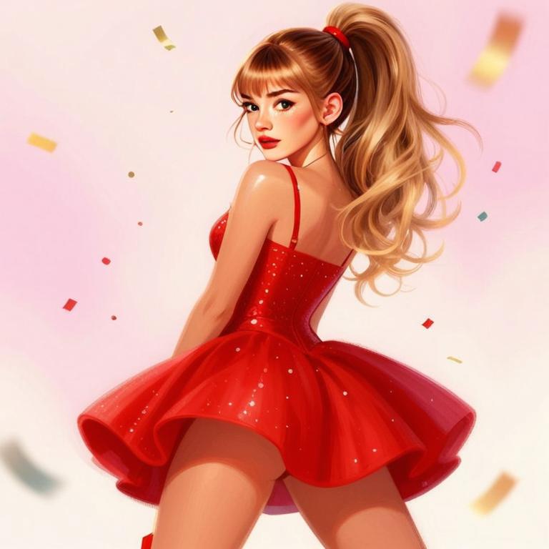 Digital Illustration of Woman in Sparkling Red Dress with Ponytail