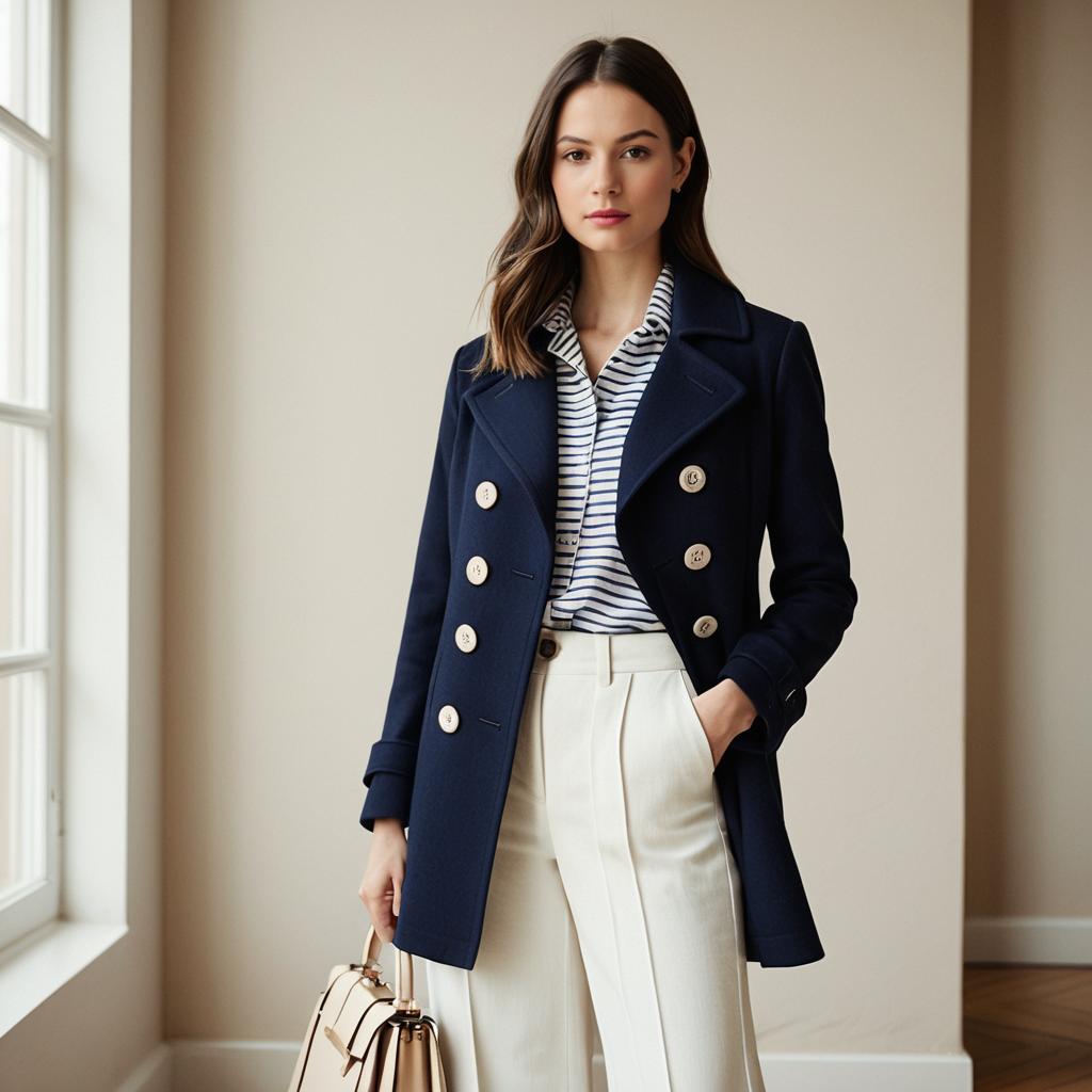 Elegant Woman in Navy Coat and White Trousers Fashion Portrait