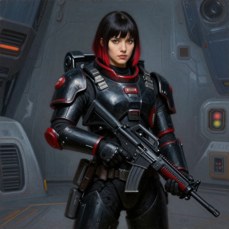Futuristic Woman Soldier in Black and Red Combat Armor with Assault Rifle
