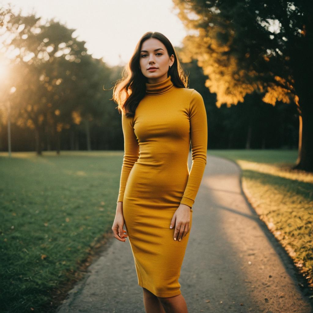 Woman in Mustard Yellow Turtleneck Dress Walking in Autumn Park