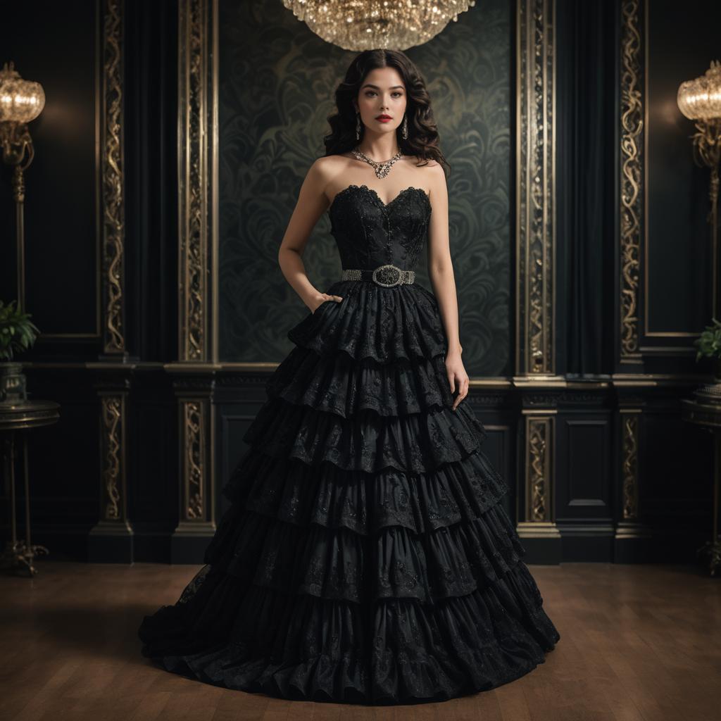Elegant Woman in Black Victorian Ball Gown in Luxurious Room