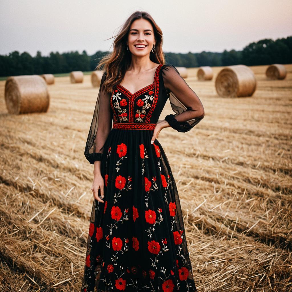 Smiling Woman in Black Dress with Floral Embroidery in Harvested Field