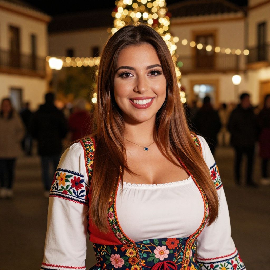 Young Woman in Traditional Embroidered Dress at Night Festival