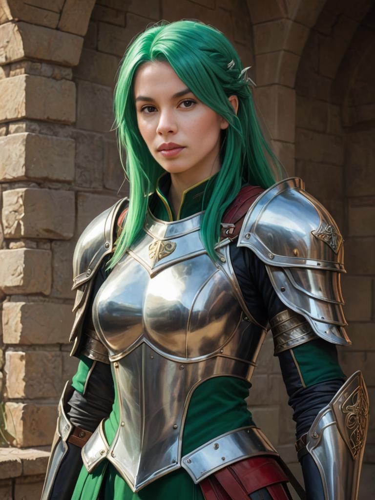 Female Knight from Fire Emblem - Vibrant Green Hair and Detailed Armor