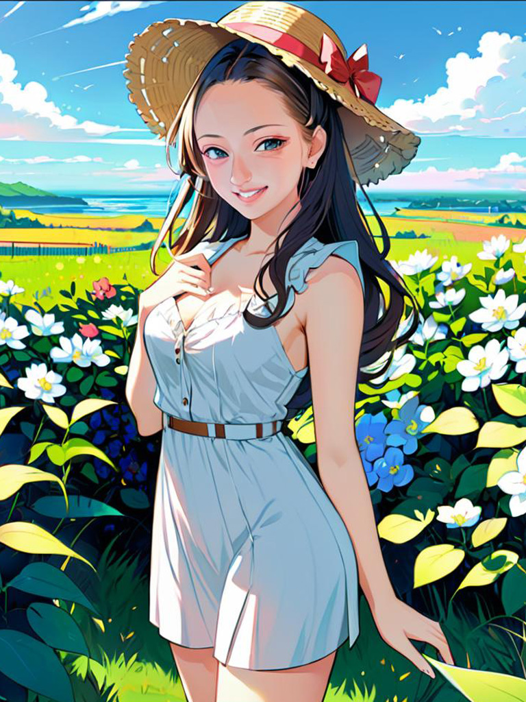 Anime woman in summer outfit amidst flowers