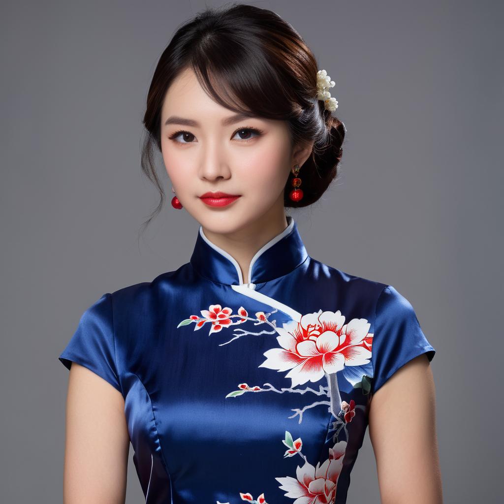 Poised Woman in Navy Silk Dress with Floral Embroidery