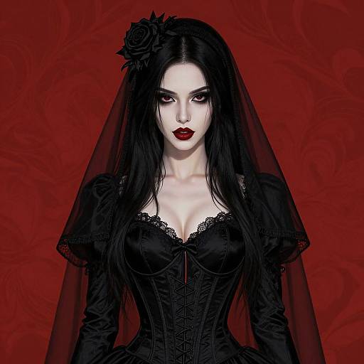 Gothic Woman in Black Corset Dress with Red Background