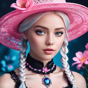 Young Woman with Blue Eyes in Pink Hat
