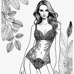 Elegant Black and White Illustration of Woman in Lingerie